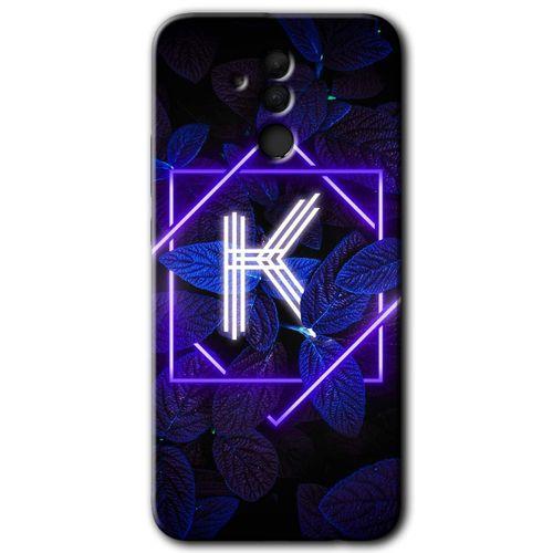 Huawei Mate 20 Lite Kılıf HD Desen Baskılı Arka Kapak - Dark Neon Yaprak K Harfi + Kırılmaz Cam
