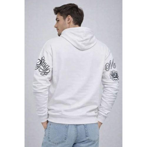 Erkek 3 İplik Pamuklu Kapüşonlu Baskılı SweatShirt Hoodie - Beyaz