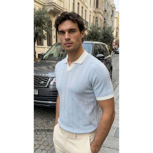 Erkek Örgü Desen Yakalı Kısa Kollu Triko Tişört - %100 Pamuk Akrilik