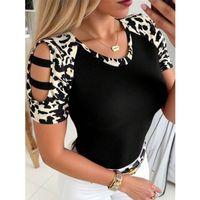 Kadın Kısa Kollu Yuvarlak Yaka Kollarda şerit Detaylı Leoparlı Viskon Bluz