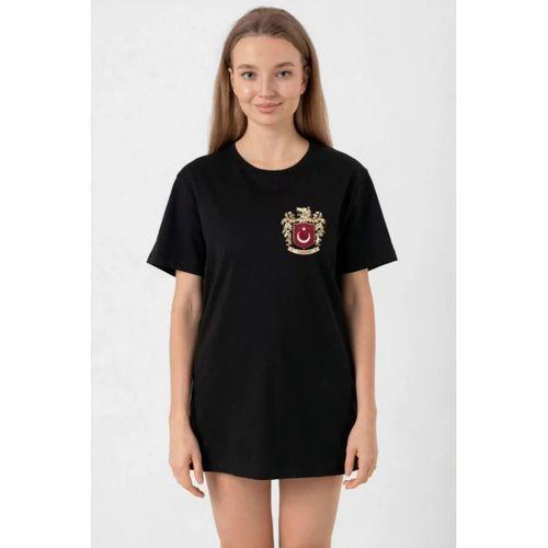 Türk Arma Baskılı Oversize Bisiklet Yaka Günlük T-shirt - Siyah