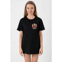 Türk Arma Baskılı Oversize Bisiklet Yaka Günlük T-shirt - Siyah