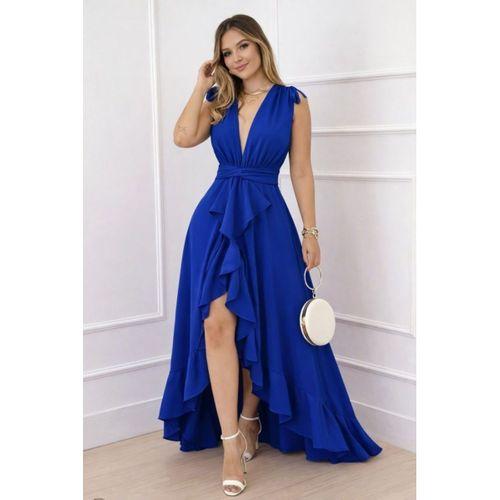 Kadın Askılı Kruvaze Yakalı önü Volanlı Uzun Krep Elbise