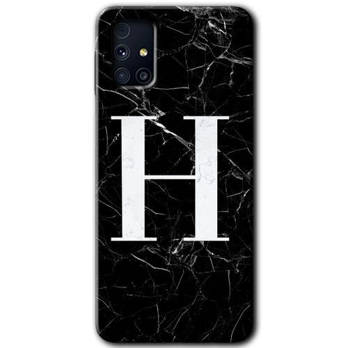 Samsung Galaxy M31s Kılıf Baskılı Kapak - Siyah Mermer Desenli H Harfi +Tam Kaplayan Mat Seramik