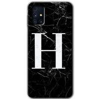 Samsung Galaxy M31s Kılıf Baskılı Kapak - Siyah Mermer Desenli H Harfi +Tam Kaplayan Mat Seramik