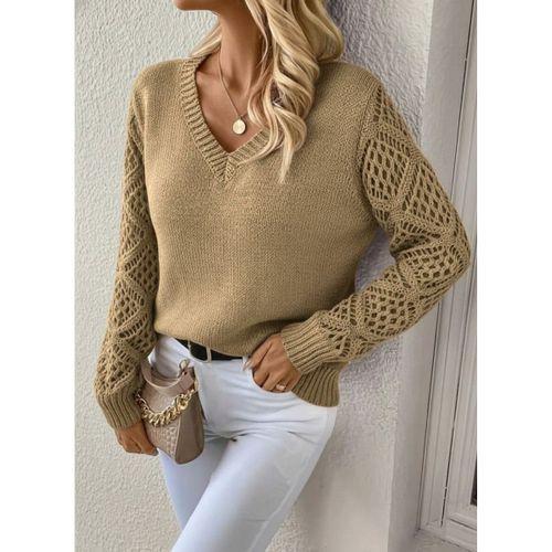 Kadın Uzun Kollu V Yaka Kol Delikli Baklava Desen Detaylı Triko Kazak