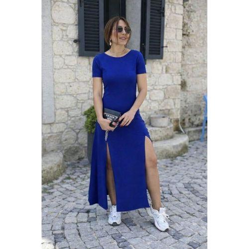 Kadın Kısa Kollu Sırt Dekolteli Yırtmaç Detaylı Viskon Elbise