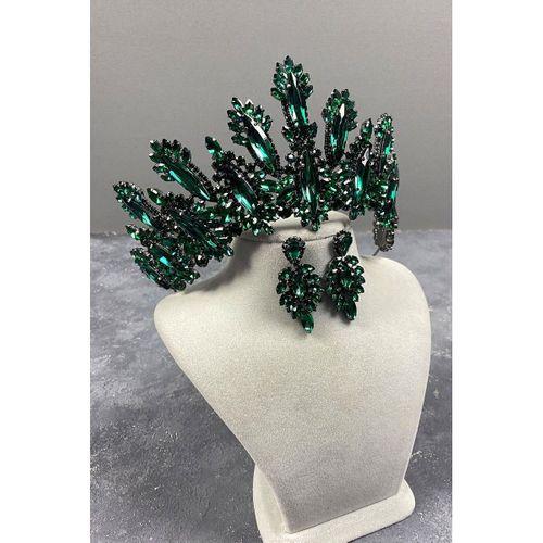 Dalia Yüksek Taşlı Gelin Tacı Mekik Küpe Seti