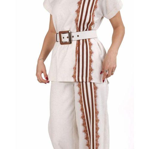 Trend Kadın Krem Keten Dokulu Bol Paça Pantolon ve Kısa Kollu Bluz Takımı