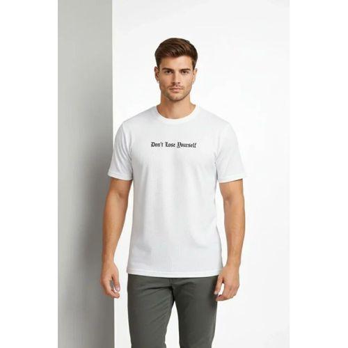 Erkek Wafıl Kumaş Tişört Regular Kalıp Bisiklet Yaka Baskılı Günlük Basic T-Shirt - Beyaz