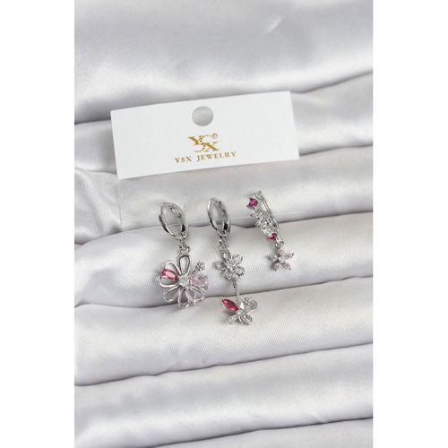 Pirinç Gümüş Renk Çiçek Model 3'lü Kadın Küpe