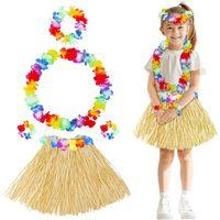 Yetişkin Çocuk Hawaii Parti Seti - 40 cm Naturel Etek + Çiçek Aksesuarlar (5 Parça)