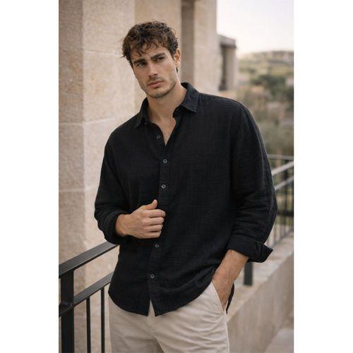 Nefes Alabilir Yarım Oversize Müslin Kumaş Uzun Kol Yakalı Erkek Gömlek - Siyah