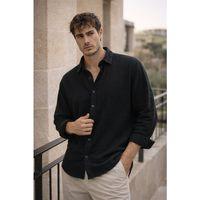 Nefes Alabilir Yarım Oversize Müslin Kumaş Uzun Kol Yakalı Erkek Gömlek - Siyah