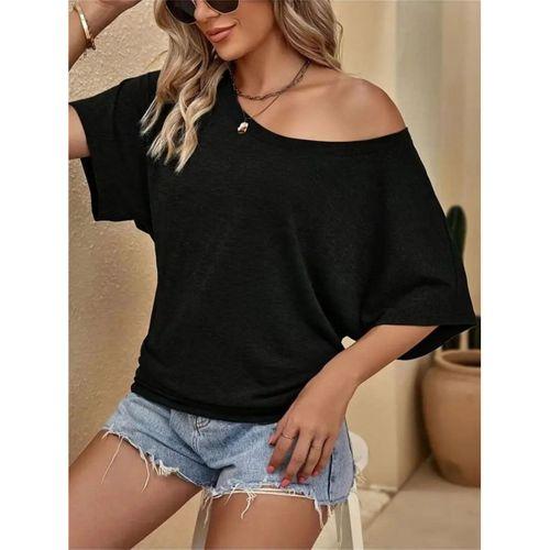 Kadın Tek Omuzu Açık Kısa Kollu Salaş Viskon Bluz