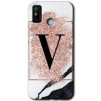 MRCİLETİSİM Tecno Spark 6 Go Kılıf HD Desen Baskılı Arka Kapak+Temperli Cam - Pembe Mermer Desenli V Harfi