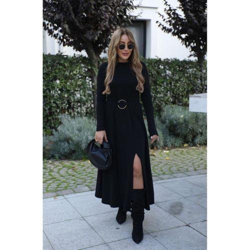 Kadın Uzun Kollu Bisiklet Yaka önden Halka Detaylı Yırtmaçlı Uzun Viskon Iki Iplik Elbise