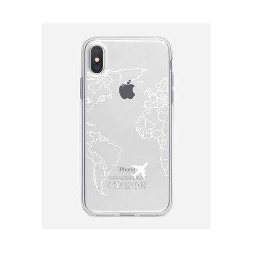 iPhone Xs Max World Map Lines Premium Şeffaf Silikon Kılıf Beyaz Baskılı