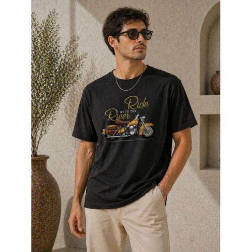 Erkek Motosiklet Baskılı Tişört Bisiklet Yaka Kısa Kol Yazlık T-Shirt - Siyah