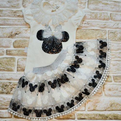 1-2-3 Yaş Payetli Mickey Nakışlı Kısa Kollu Brode Etekli 2li Kız Bebek Takımı Siyah