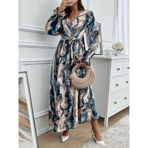 Kadın Uzun Kollu Kruvaze Yakalı Beli Kuşaklı Desenli Süprem Maxi Elbise