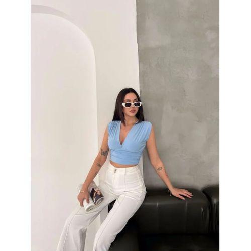 Vatkalı Kolsuz V Yaka Drapeli Crop Bluz Likralı Fit - Bebek Mavisi