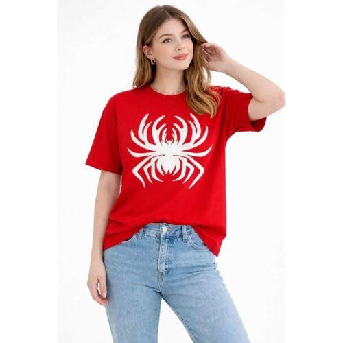 Örümcek Baskılı Tişört Kısa Kollu Bisiklet Yaka T-Shirt - Kırmızı
