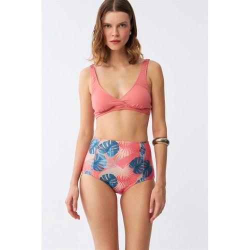 Kadın Somon Pedli Üst Ve Tropik Desenli Yüksek Bel Bikini Takımı