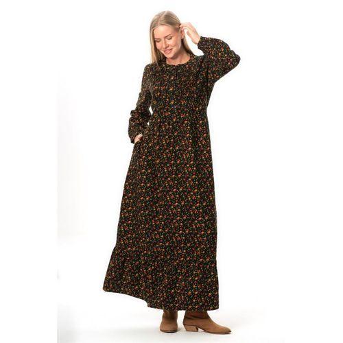 Uzun Kol Sümeyye Pazen Düğmeli Sonbahar ve Kışlık Uzun Elbise Siyah Syh