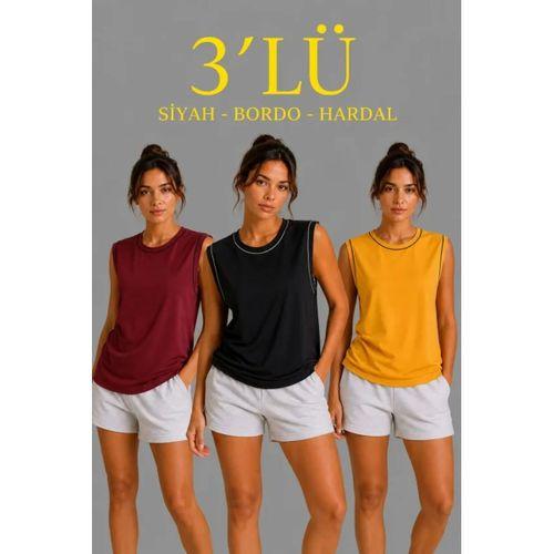 3’lü Kolsuz Sporcu Atlet Seti Yazlık Bisiklet Yaka - Siyah, Bordo, Hardal
