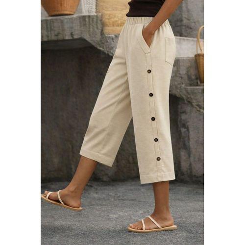 Kadın Yüksel Bel Lastikli Yandan Dügme Detaylı Midi Pantolon