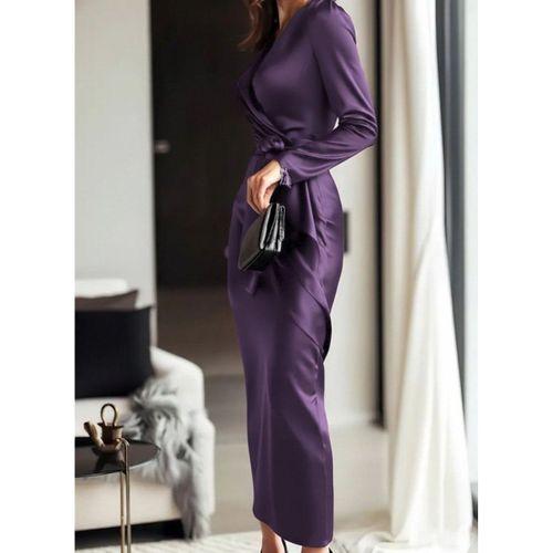 Kadın Uzun Kollu Kruvaze Yakalı Beli Kuşaklı Uzun Saten Elbise