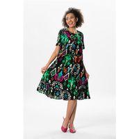 Kısa Kol Melda Viskon Desenli Midi Boy Yazlık Elbise Etnik Siyah Etnk syh