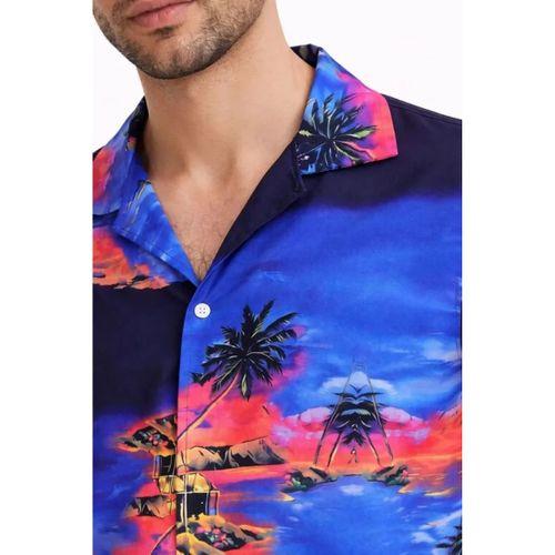 Erkek Tropikal Ada Manzara Desenli Kısa Kol Gömlek Hawaii Tarz Yazlık Rahat Kalıp - Desenli