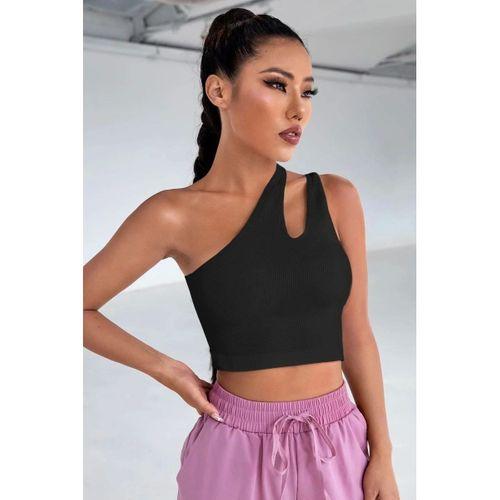 Kadın Siyah Modern Fit Tek Omuz Cut Out Detaylı Crop Top Bluz