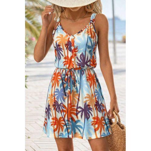 Kadını Askılı V Yakalı Duğme Detaylı Desenli Kısa Süprem Elbise