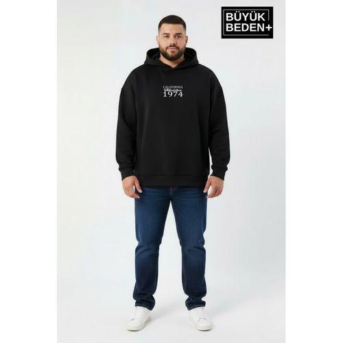 Erkek Büyük Beden California 1974 Baskılı Kapüşonlu Sweatshirt -Rahat Kalıp SPR26BSW965