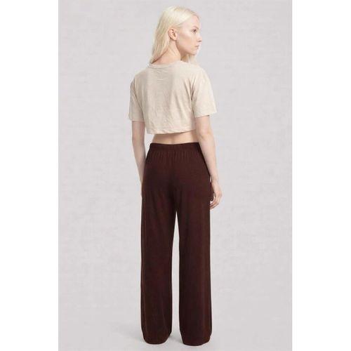 Kadın Kum Kahve Baskılı Crop T-shirt Pantolon Takım Rahat Günlük Spor Şık İkili Set
