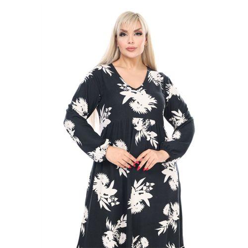 Melsay Butik Kışlık Robalı Yumoş Uzun Kollu Siyah Beyaz Yaprak Desenli Elbise
