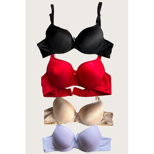 Siyah-beyaz-kırmızı-ten 4'lü Dolgulu Push Up Micro Balenli Günlük Tek Destekli Sütyen
