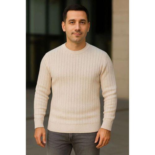 Erkek Bisiklet Yuvarlak Yaka Triko Kazak Pamuklu Kalın Fitilli Dokuma, Regular Fit Uzun Kollu Kışlık Model - Bej