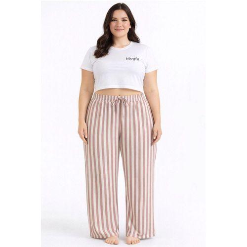 Viskon Pamuklu Kadın Büyük Beden Gül Kurusu Çizgili Pijama Pantolon - Brf003 -
