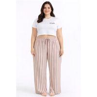 Viskon Pamuklu Kadın Büyük Beden Gül Kurusu Çizgili Pijama Pantolon - Brf003 -