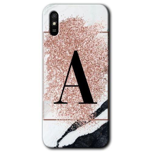 MRCİLETİSİM Xiaomi Redmi 9A Kılıf Kapak - Pembe Mermer Desenli A Harfi +Hayalet Ekran Yandan Gözükmez