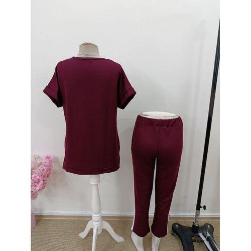 Kadın Kısa Kollu V Yakalı çift Renkli Viskon Iki Iplik Ikili Bluz Ve Pantolon Takım