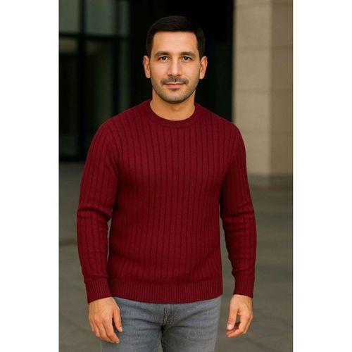 Erkek Bisiklet Yuvarlak Yaka Triko Kazak Pamuklu Kalın Fitilli Dokuma, Regular Fit Uzun Kollu Kışlık Model - Bordo