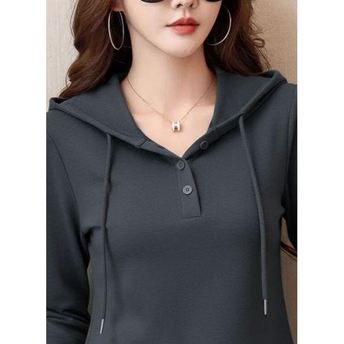 Kadın Uzun Kollu Kapşonlu Bağcıklı Düğmeli Viskon Iki Iplik Füme Bluz