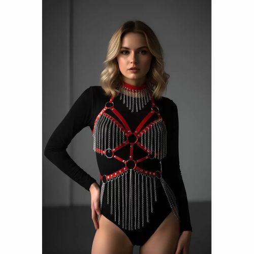 Deri ve Zincir Detaylı Harness Takım, Deri Dansçı Kostüm, Choker Detaylı Deri Harness