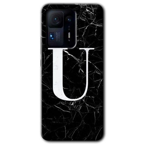 Xiaomi Mi Mix 4 Kılıf HD Desen Baskılı Arka Kapak+Temperli Cam - Siyah Mermer Desenli U Harfi