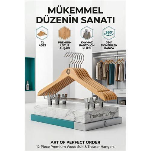 12'li Ahşap Takım Elbise Askısı Seti | Kıskaçlı Pantolon Askısı Kaymaz Çentikli Ceket Askılığı  723123